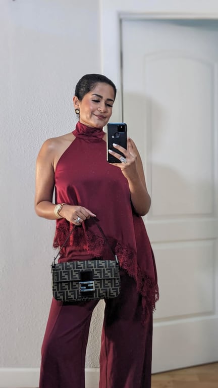 Burgundy Satin Lace Top and Pants Set