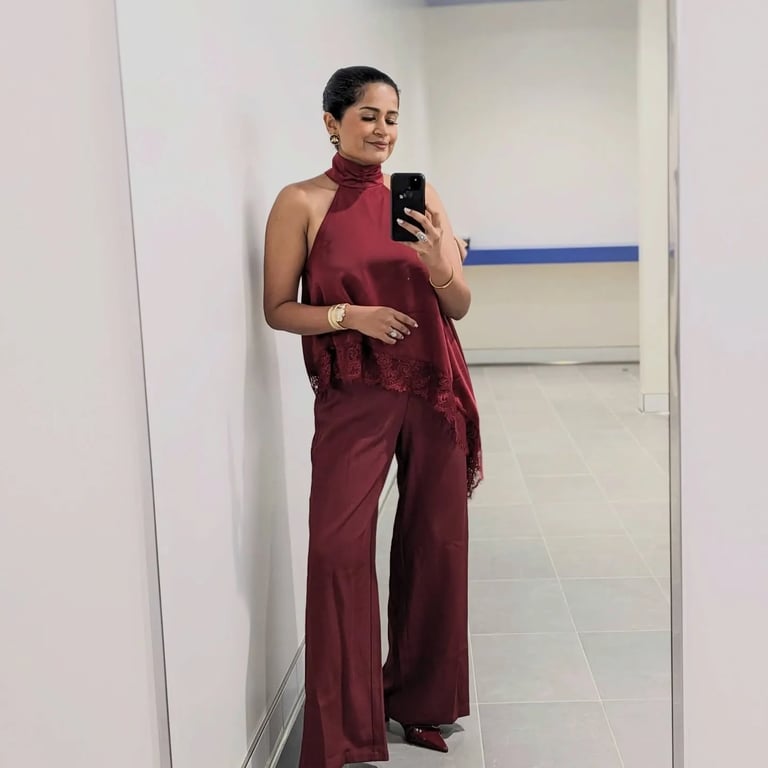 Burgundy Halter Top and Wide-Leg Trousers