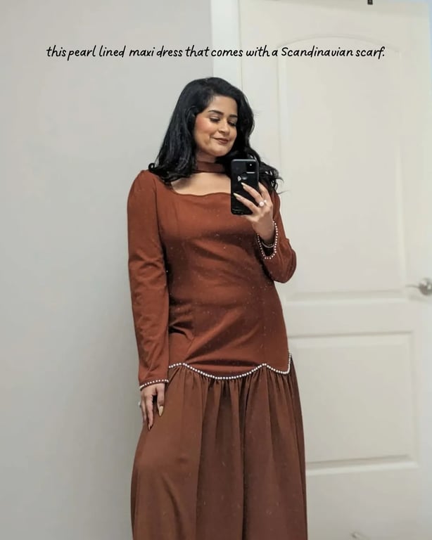 Brown Maxi Dress with Pearl Embellishments